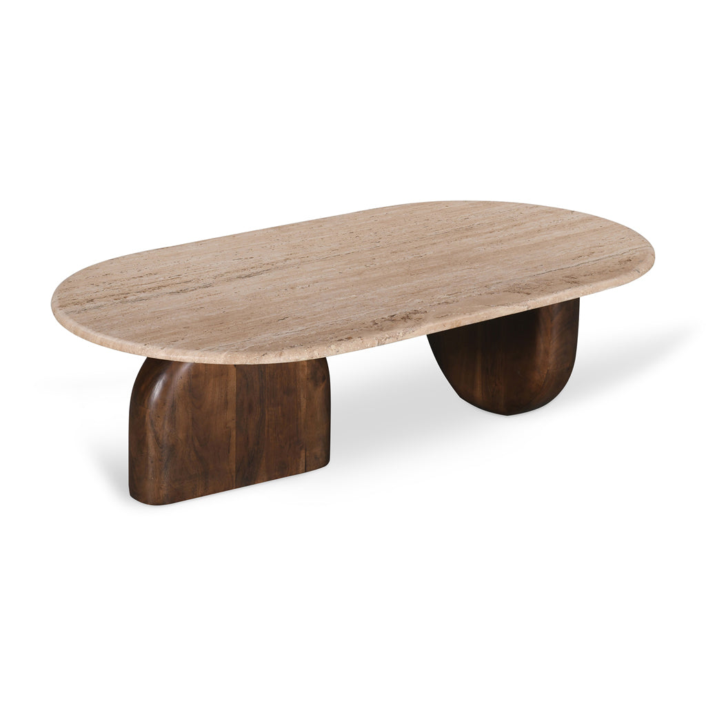 Ex Display - Erkin 1.2m Travertine Top Oval Coffee Table - Walnut Coffee Table Rebhi-Core