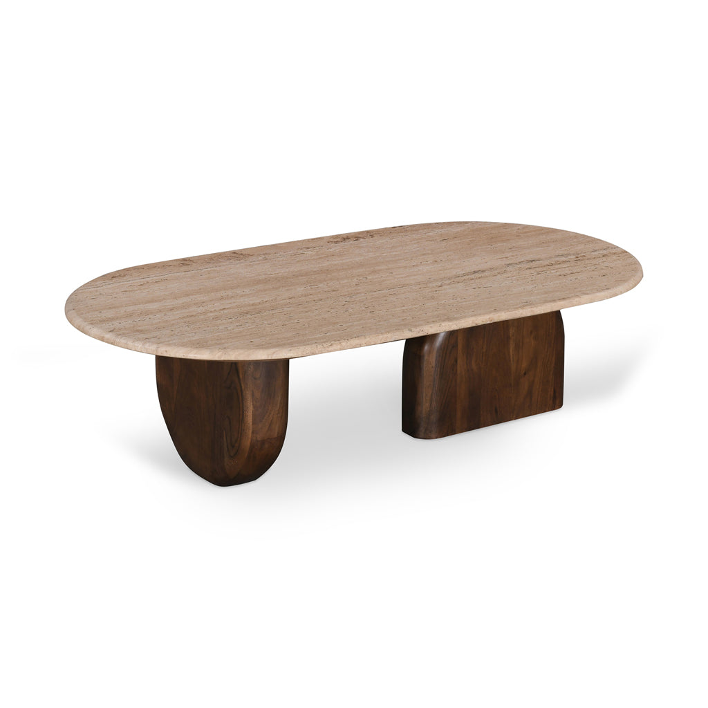 Ex Display - Erkin 1.2m Travertine Top Oval Coffee Table - Walnut Coffee Table Rebhi-Core