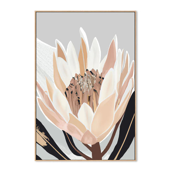 Cream Silver Protea 60cm x 90cm Framed Canvas - Natural Frame Wall Art Gioia-Local   