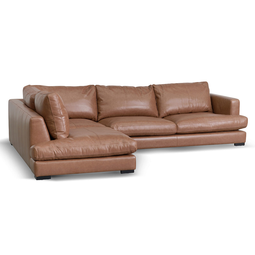 Lucinda 4 Seater Left Chaise Sofa - Caramel Brown Leather Chaise Lounge K Sofa-Core   