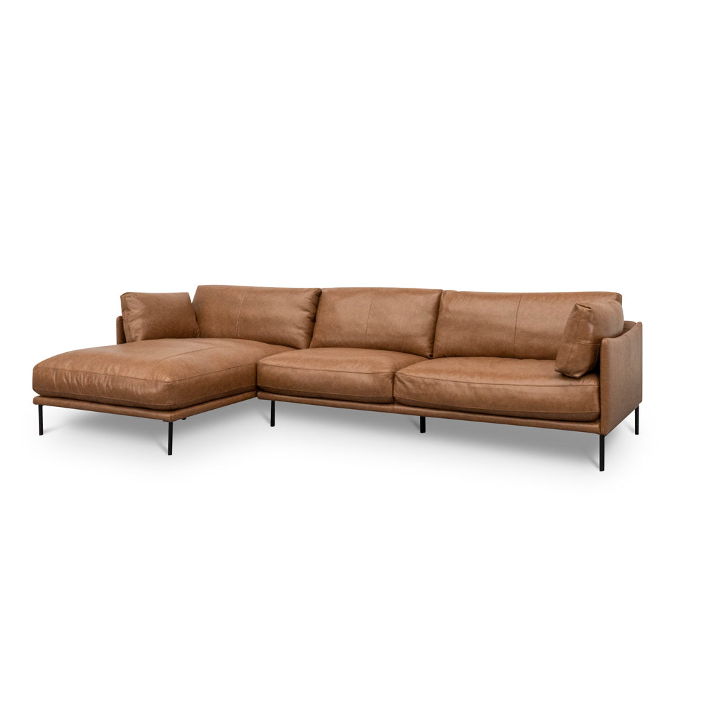 Emilis 4 Seater Left Chaise Leather Sofa - Caramel Brown Chaise Lounge K Sofa-Core   