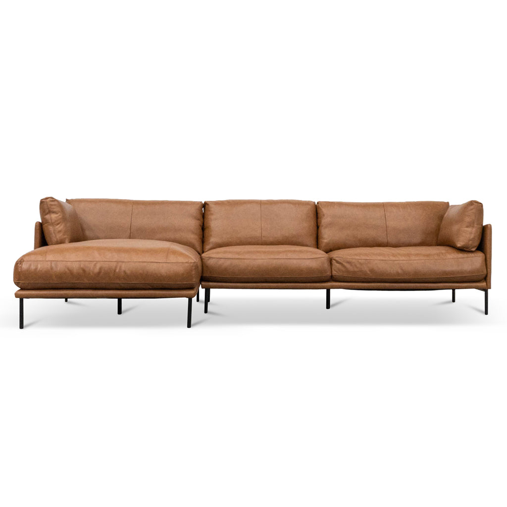 Emilis 4 Seater Left Chaise Leather Sofa - Caramel Brown Chaise Lounge K Sofa-Core   