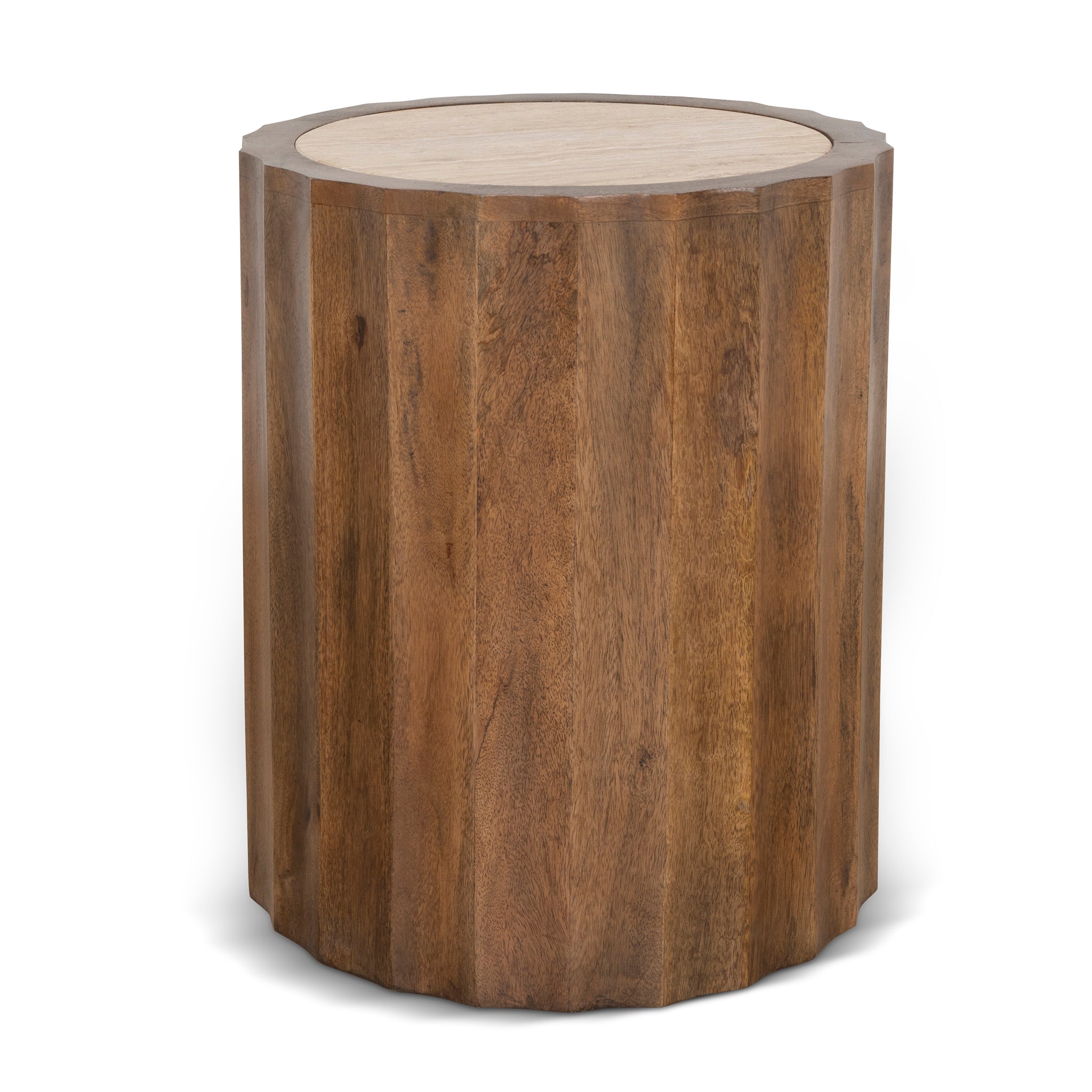 Avanti 45cm Travertine Top Round Side Table - Walnut Side Table Rebhi-Core   