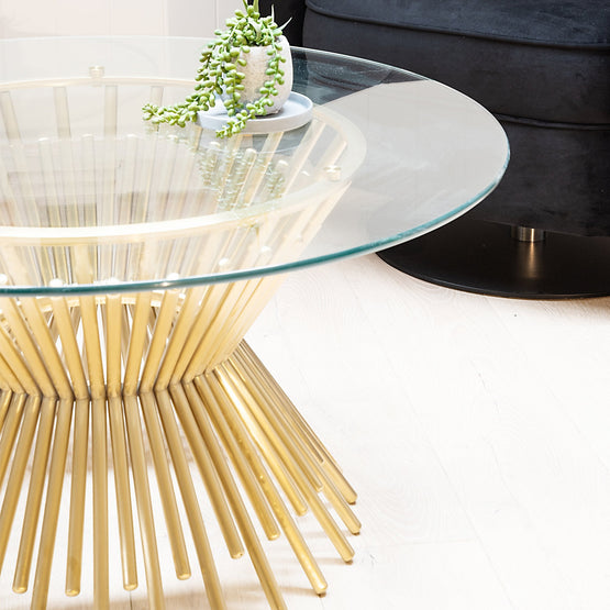 Ex Display - Sassy 90cm Round Glass Coffee Table - Brushed Gold Base Coffee Table Blue Steel Metal-Core   