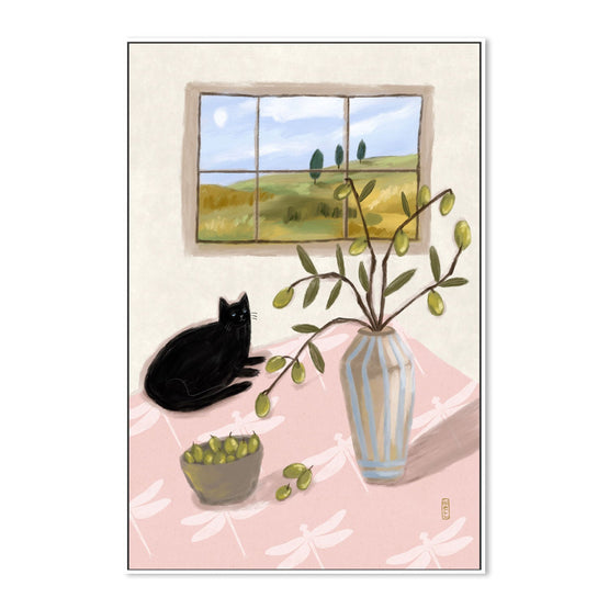 A Cat And Olives, by Lia Nell Wall Art Gioia-Local 40x60cm Framed Canvas White