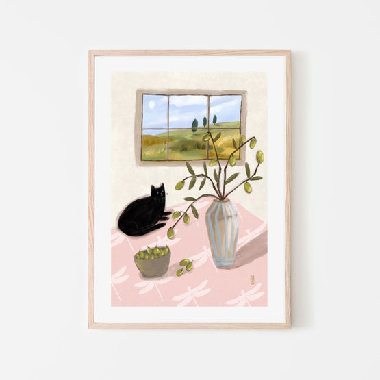 A Cat And Olives, by Lia Nell Wall Art Gioia-Local 40x60cm Framed Poster Black